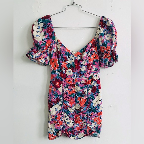 OLIVACEOUS PUFF SLEEVE OFF SHOULDER RUCHED MINI FLORAL DRESS - Picture 1 of 7